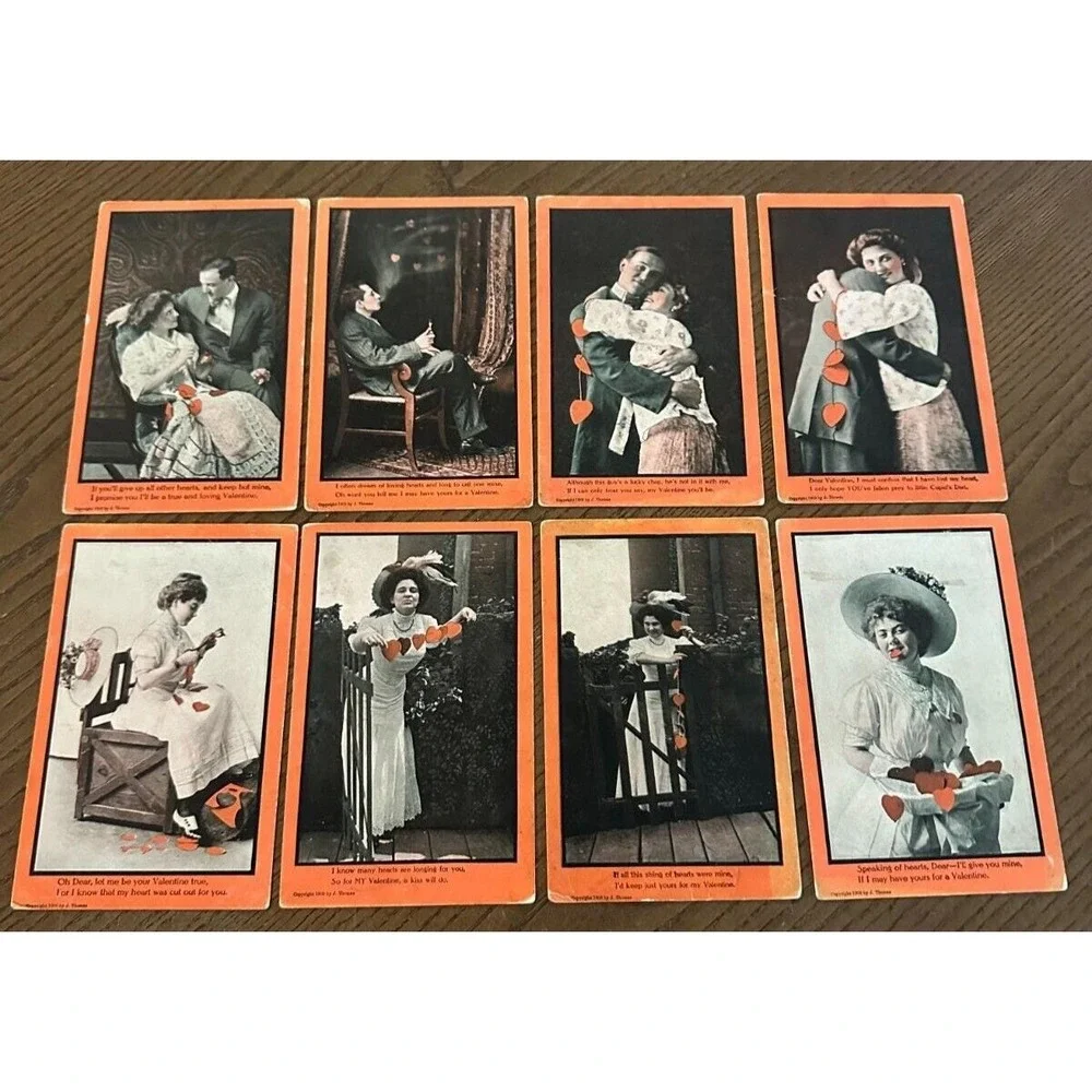 8 RPPC Postcards 1908 VALENTINE J.Thomas Victorian Hearts Love Romance Flirty
